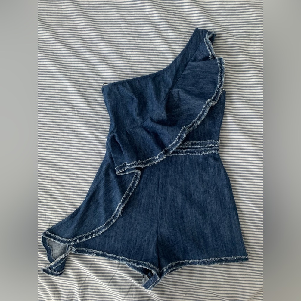 Alexis Denim One-Shoulder Ruffle Romper in Blue - Picture 7 of 9